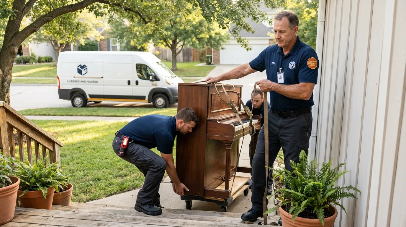 Licensed piano movers securing grand piano in Anniston, AL