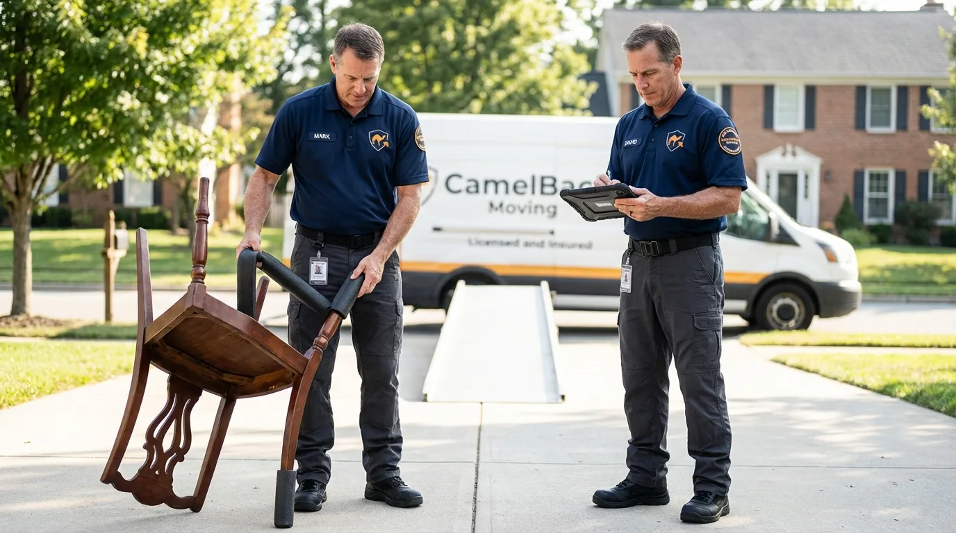 Movers inspecting furniture for damage prevention before loading in Anniston, AL