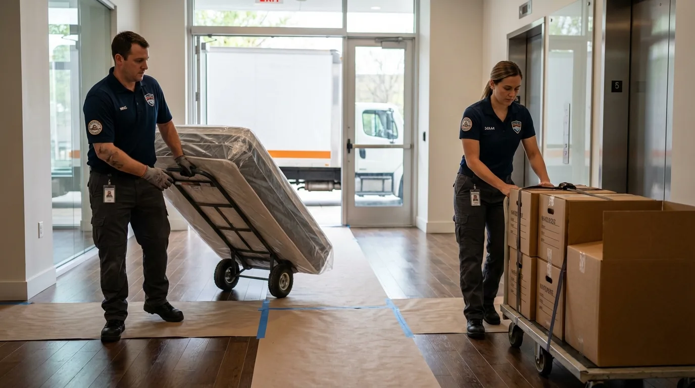 Professional apartment movers loading elevator in Anniston, AL