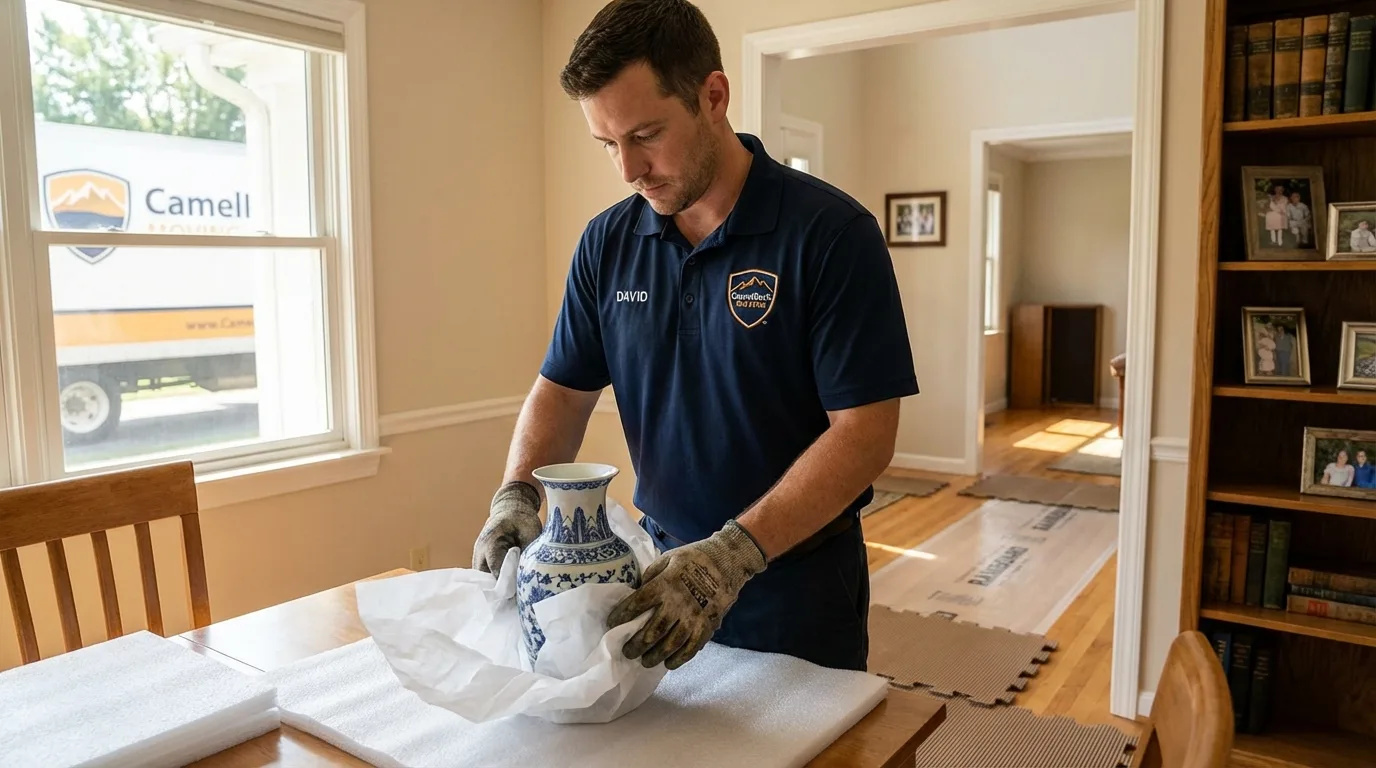 Professional crew carefully wrapping antique vase for senior downsizing move in Anniston, AL
